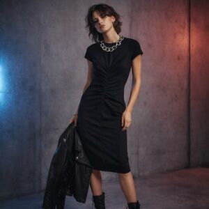 Tenax Mini dress LBD Bow embellished black Ruched Jewel Cap sleeve M